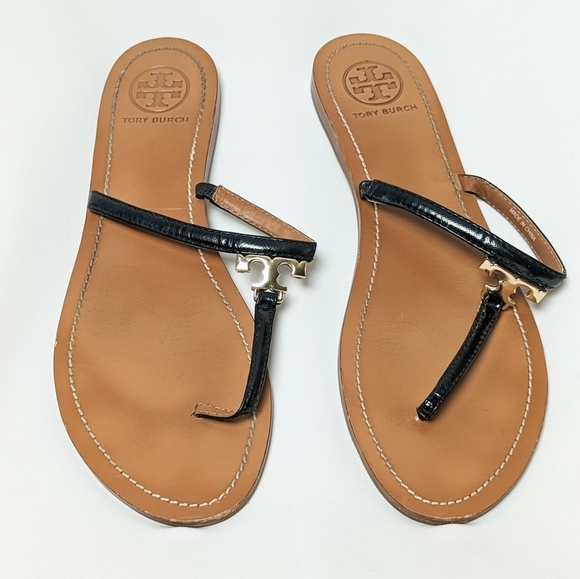 TORY BURCH Sandals Gold Logo Thong Sandle Black Size  9.5 - Picture 3 of 7